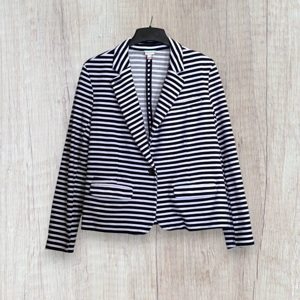 Merona Navy White Stripe Stretch Knit Blazer Nautical Preppy Classic Minimal XL